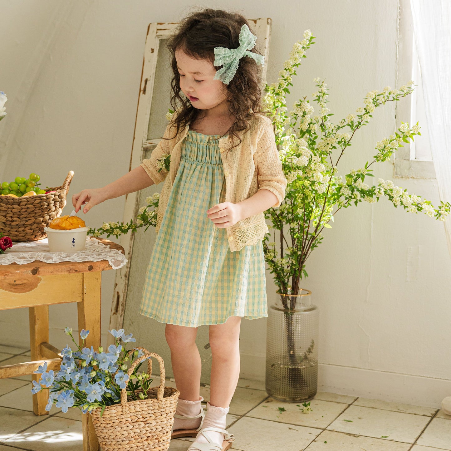Gingham Smocked Dress-Green