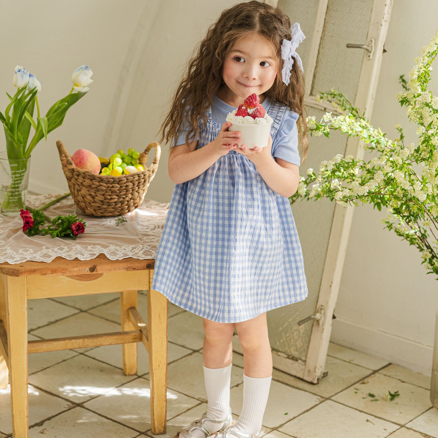 Gingham Smocked Dress-Blue
