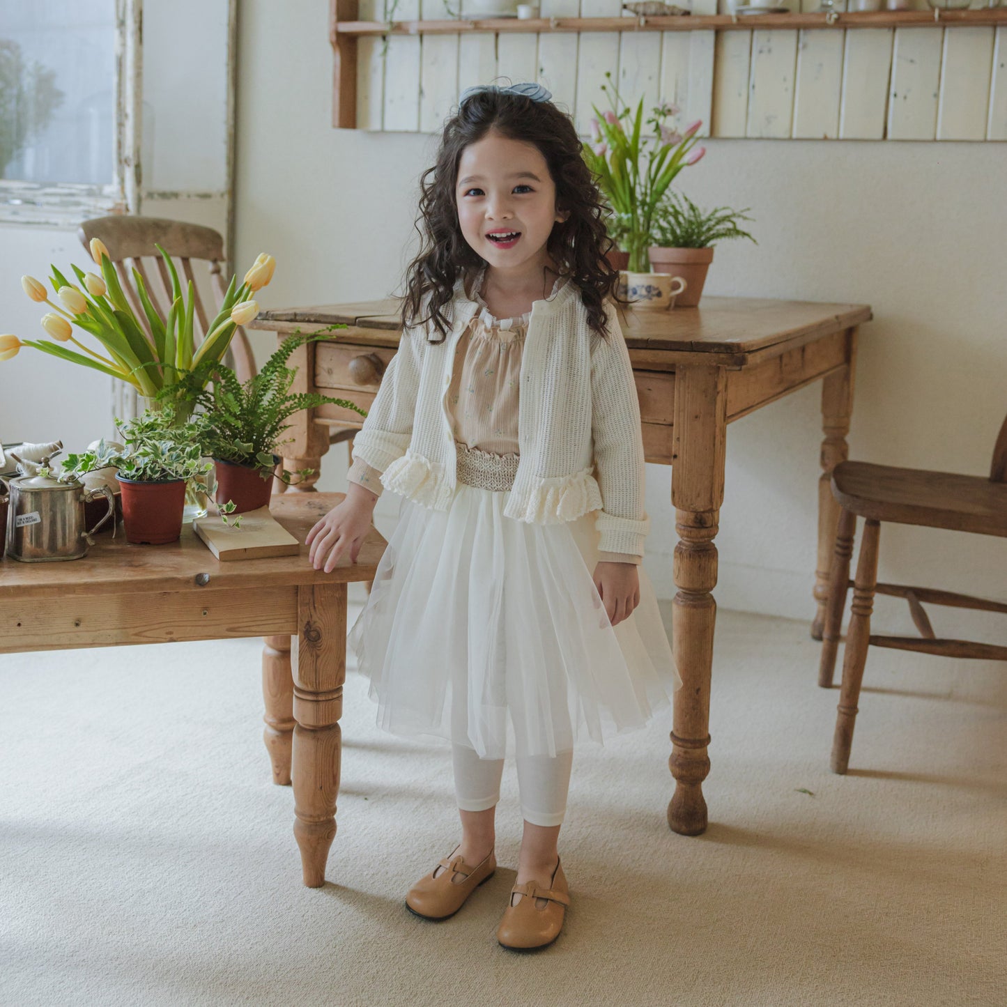 Girls Skirt Leggings Set - Cream