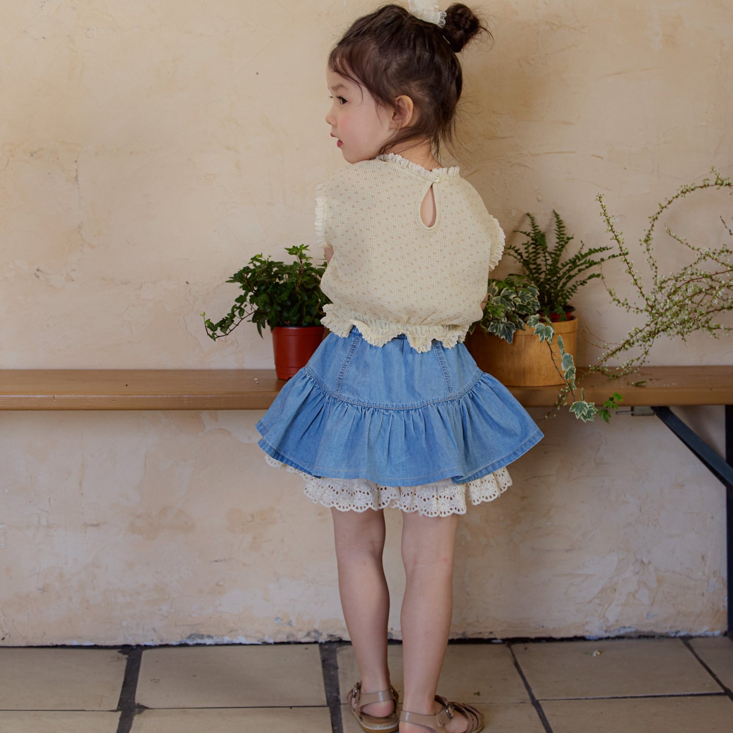 A-Line Tiered Denim Skirt with Lace Trim (2 Colours)