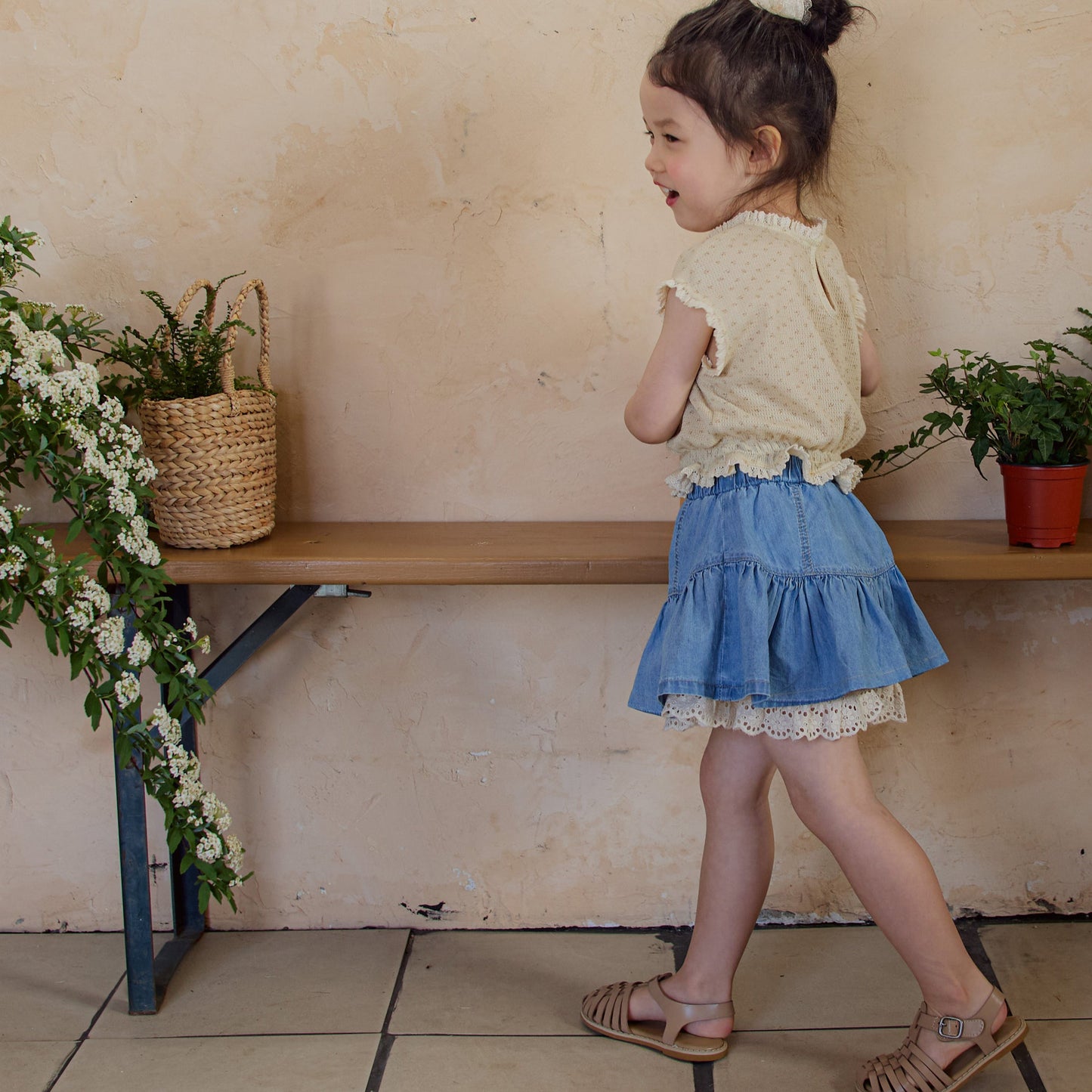 A-Line Tiered Denim Skirt with Lace Trim (2 Colours)