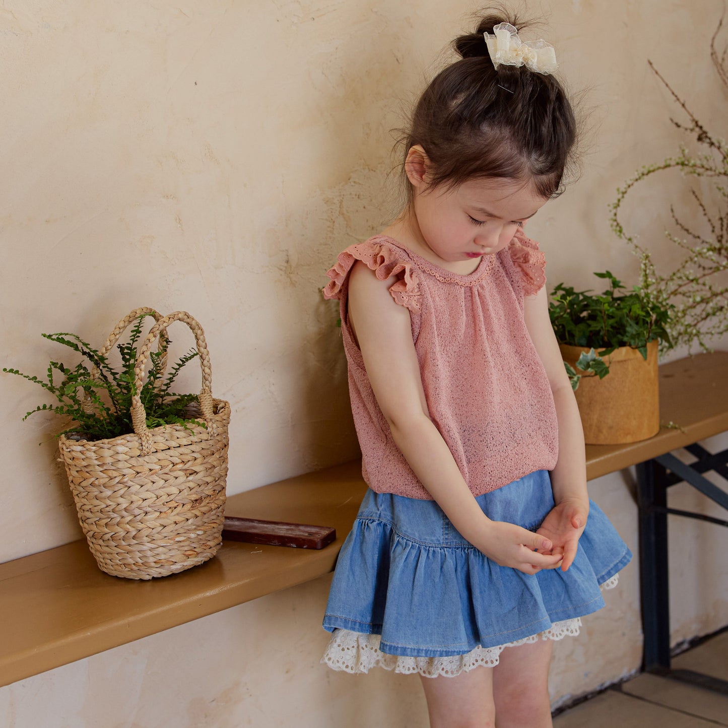 A-Line Tiered Denim Skirt with Lace Trim (2 Colours)