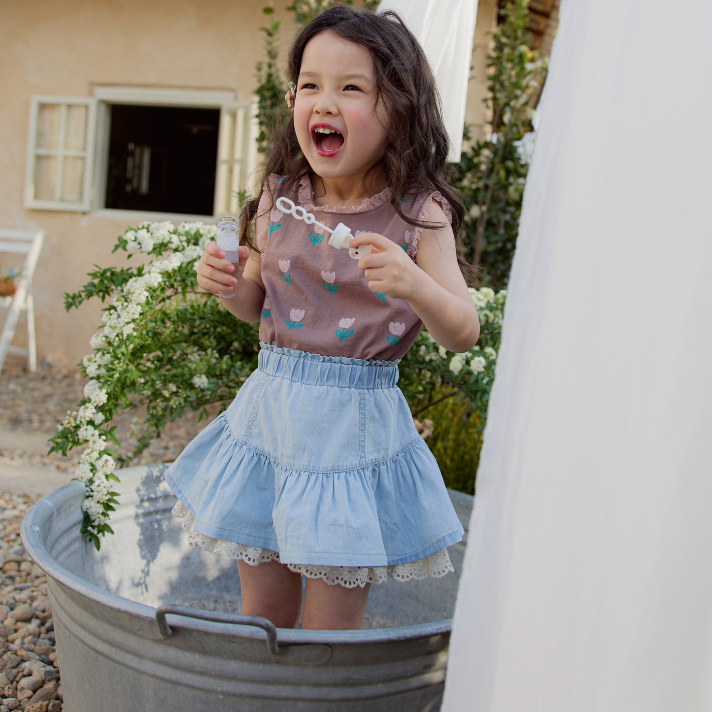 A-Line Tiered Denim Skirt with Lace Trim (2 Colours)