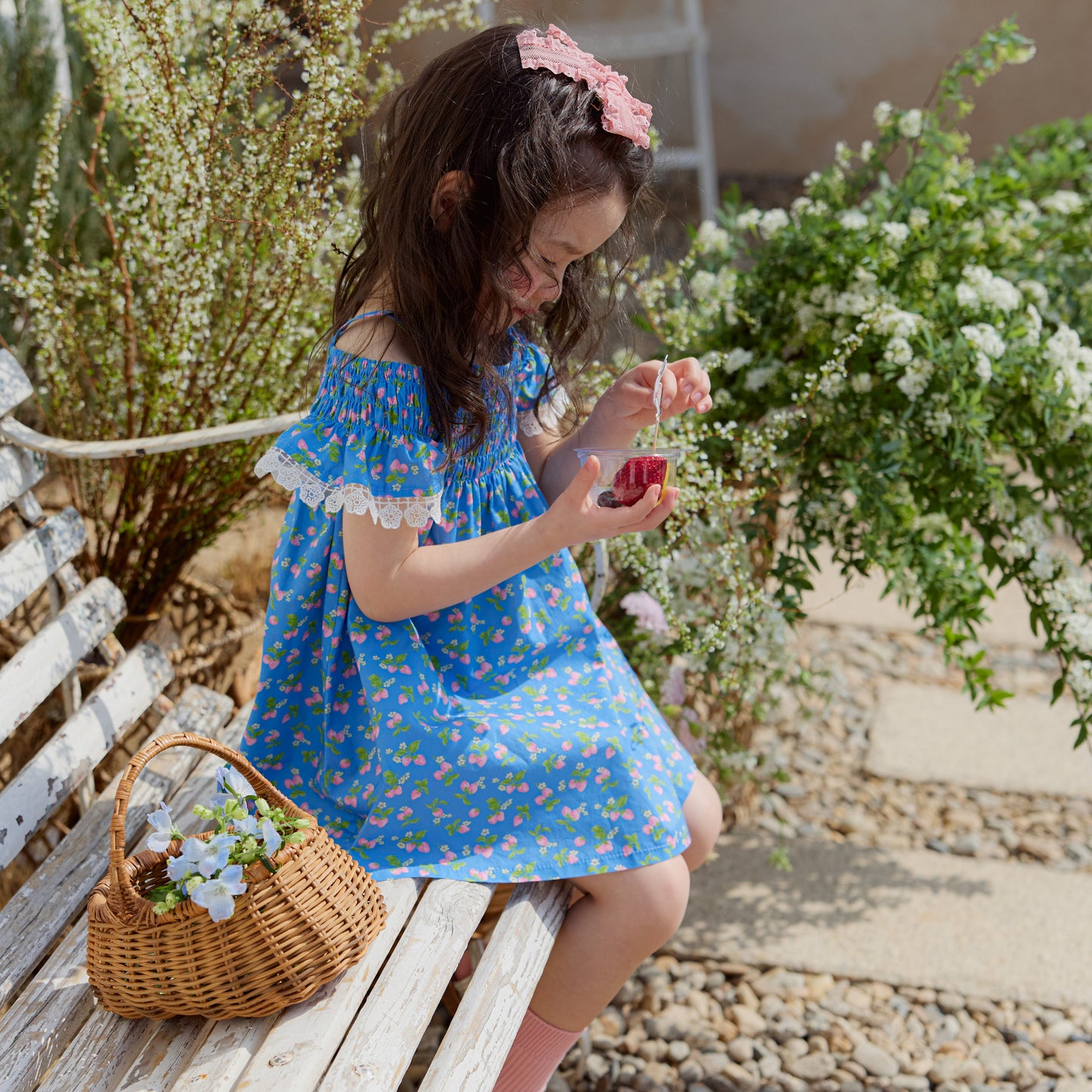 Cherry Print Smocked Off-Shoulder Dress-BLUE