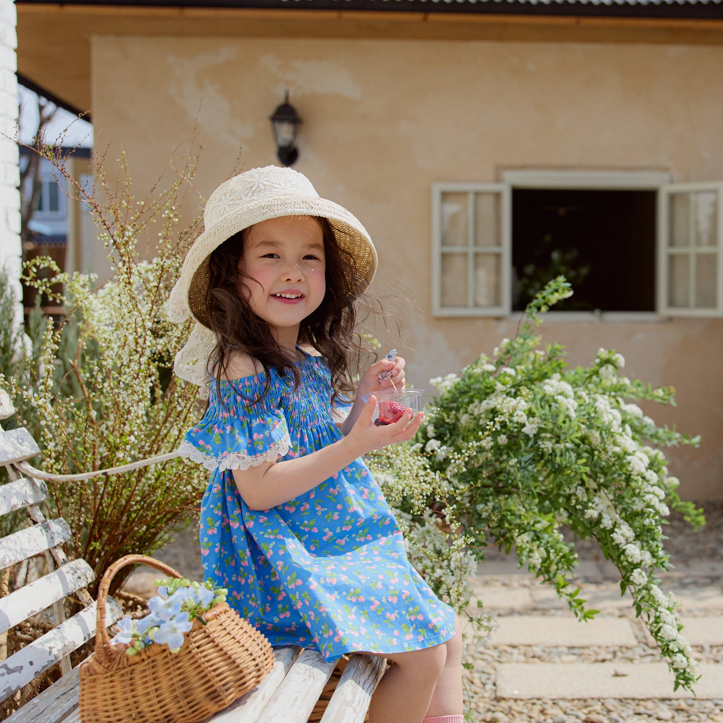 Cherry Print Smocked Off-Shoulder Dress-BLUE