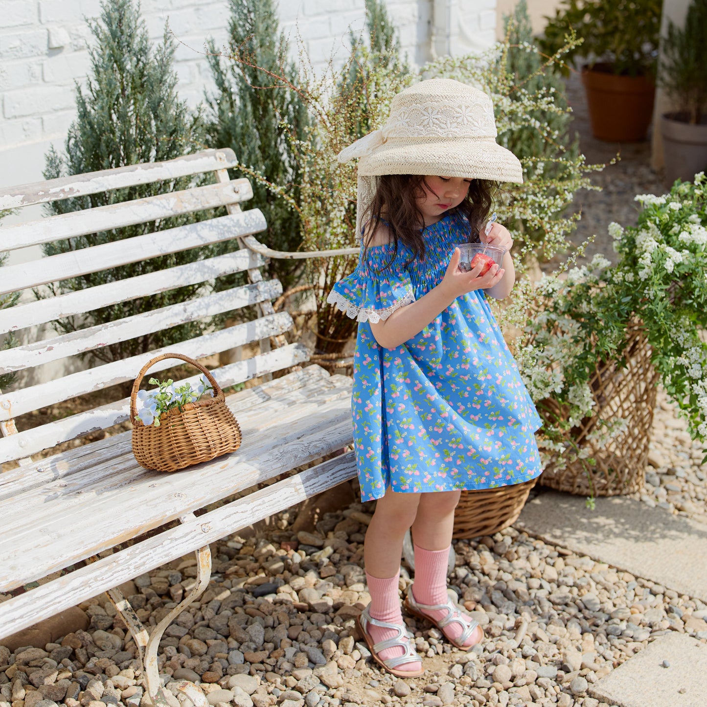 Cherry Print Smocked Off-Shoulder Dress-BLUE