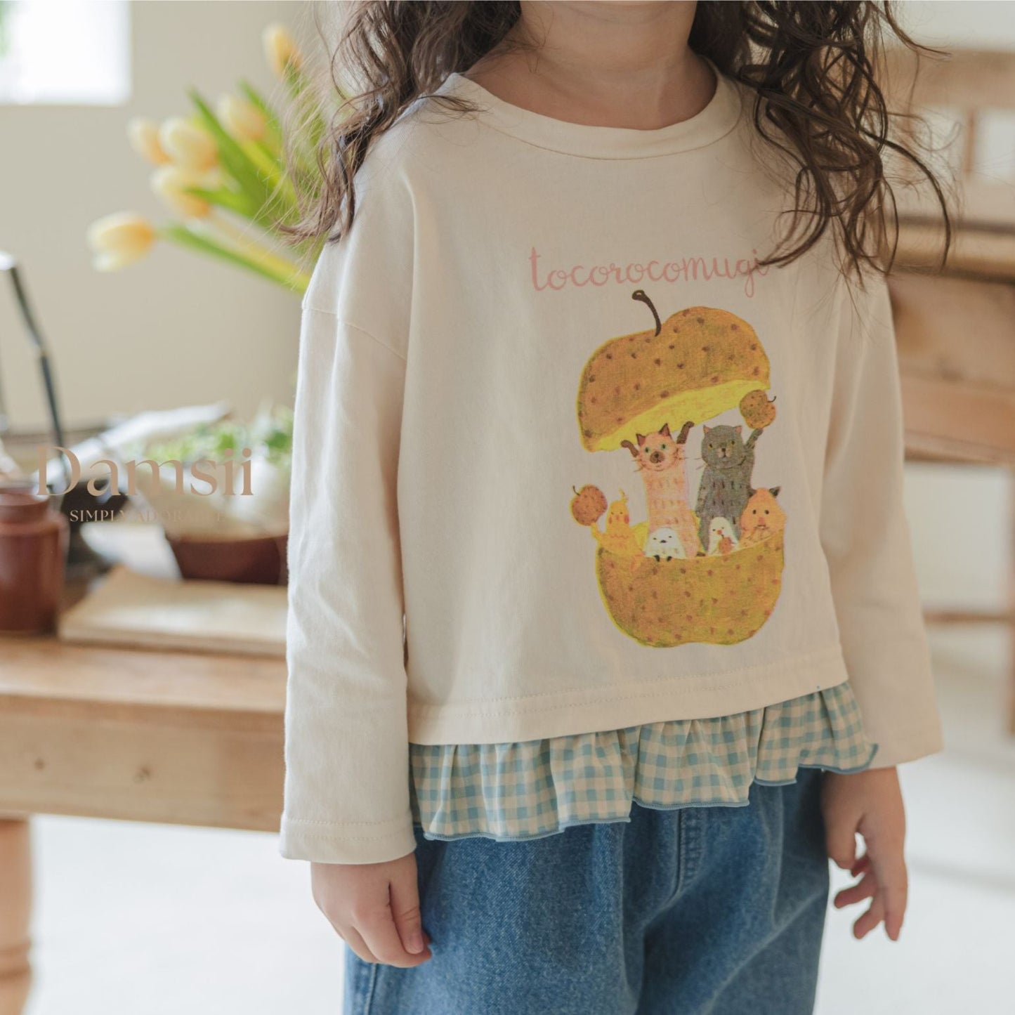 CHECKERED FRILL TSHIRT - CREAM