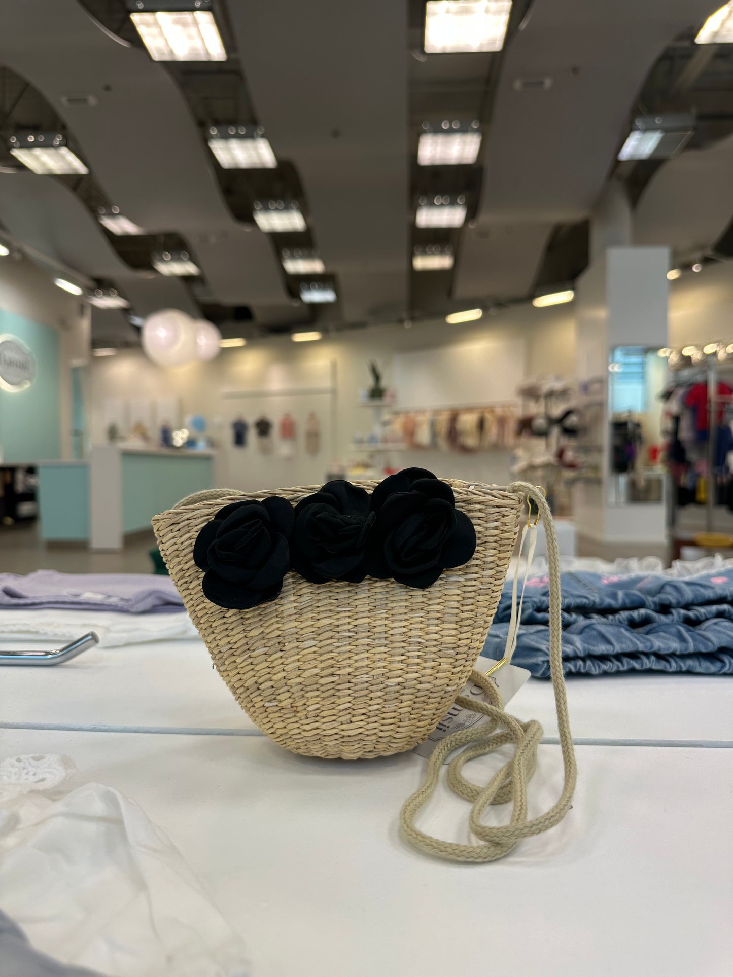 GIRL'S SUMMER STRAW BLACK FLOWER BAGS