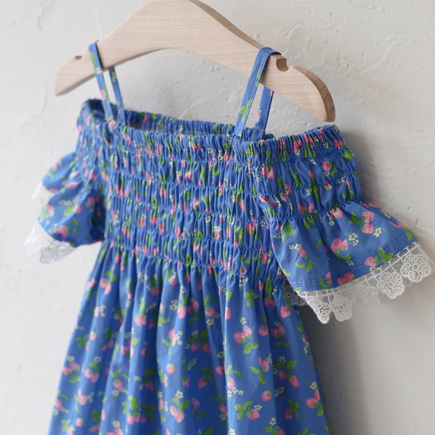 Cherry Print Smocked Off-Shoulder Dress-BLUE