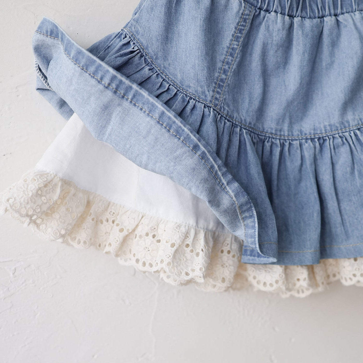 A-Line Tiered Denim Skirt with Lace Trim (2 Colours)