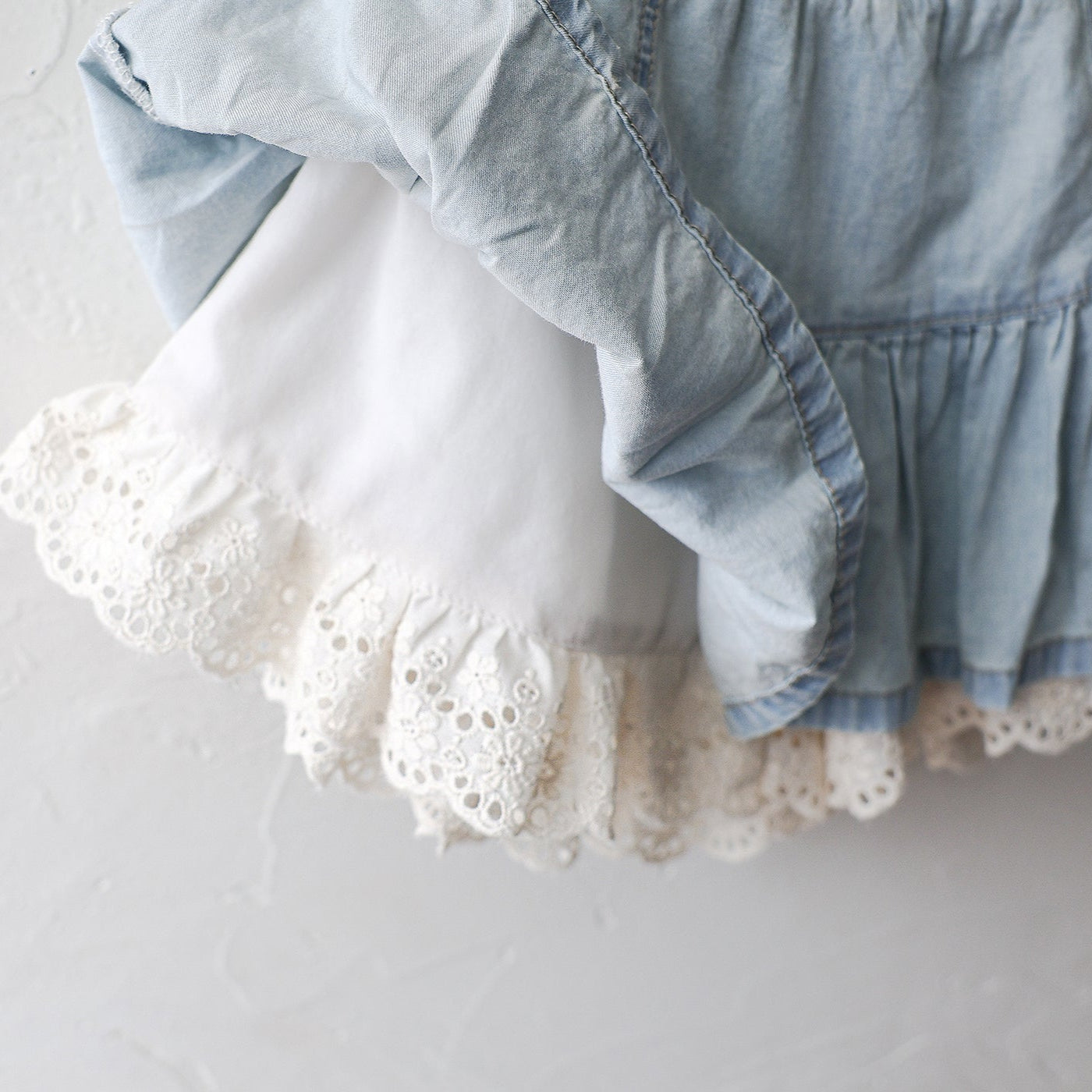 A-Line Tiered Denim Skirt with Lace Trim (2 Colours)