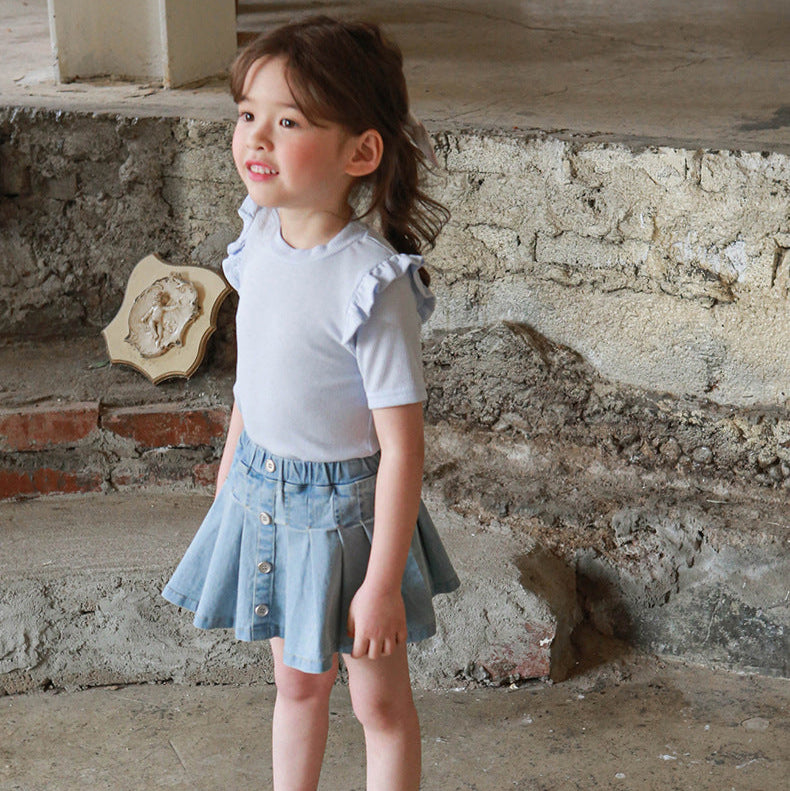 Fringe Cotton Short Sleeve T-shirt- BLUE