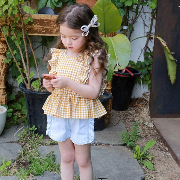 Gingham Ruffle Vest Blouse - yellow