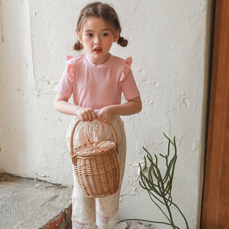 Fringe Cotton Short Sleeve T-shirt- PINK