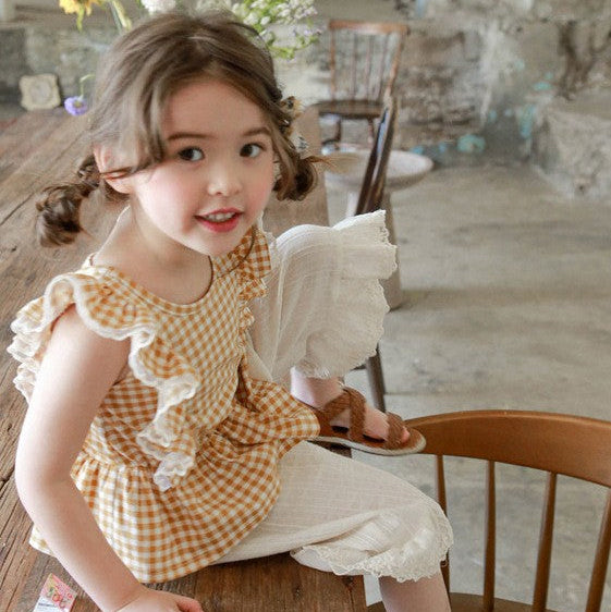 Gingham Ruffle Vest Blouse - yellow