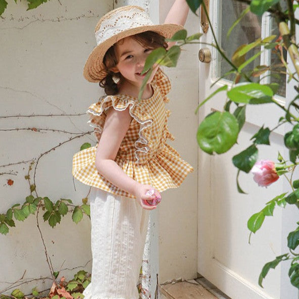 Gingham Ruffle Vest Blouse - yellow