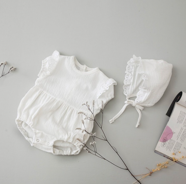 BABY LACE SHORT SLEEVE ROMPER WITH HAT