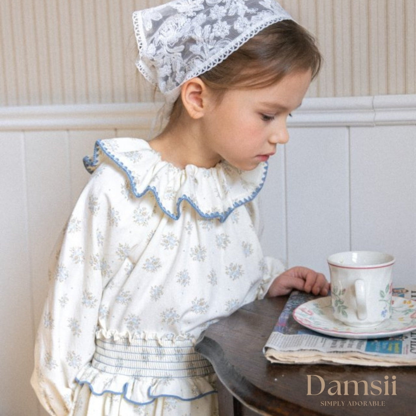 Floral Ruffle Collar Kids Set - BLUE