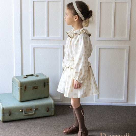 Floral Ruffle Collar Kids Set - BEIGE