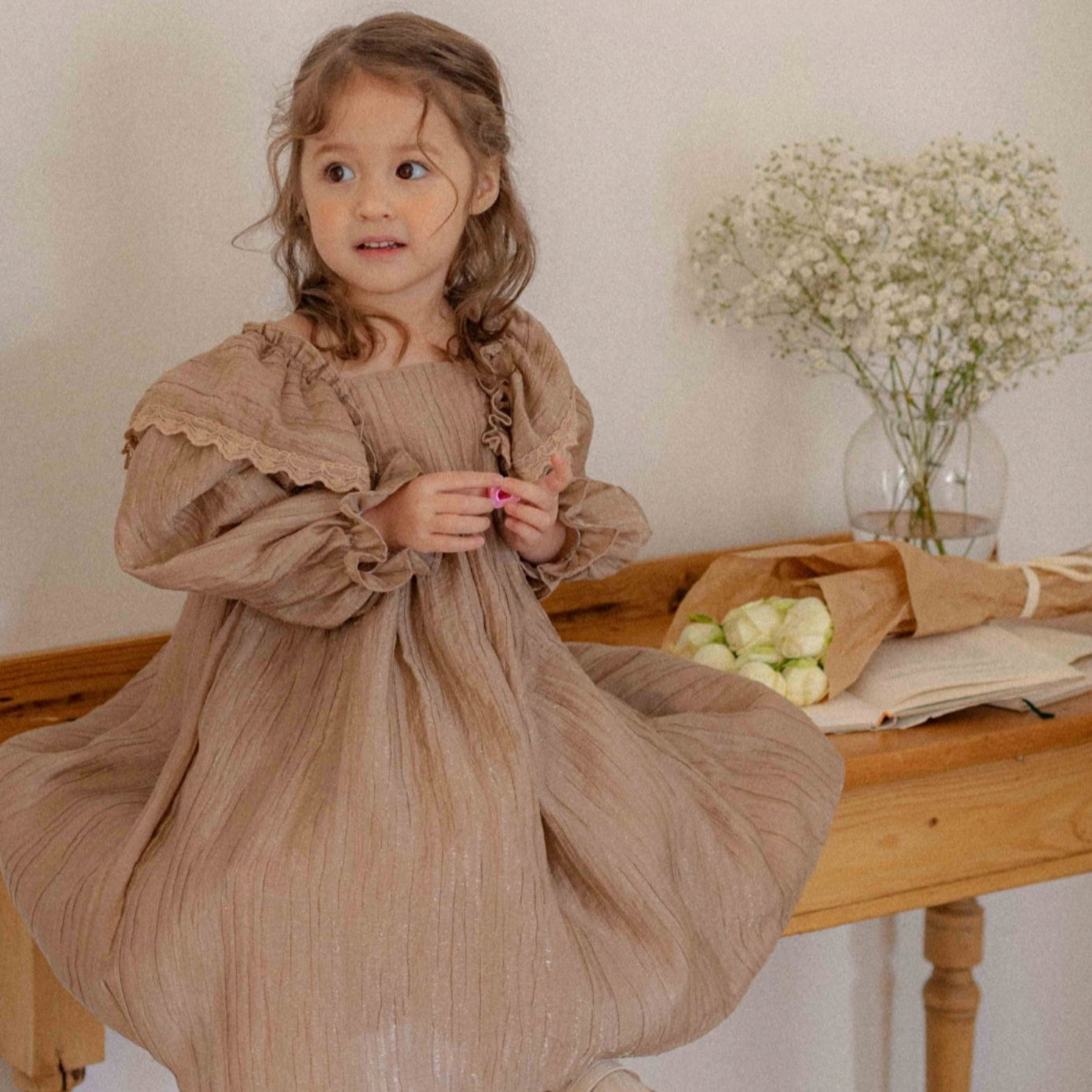 Girls Vintage Frill Dress - BEIGE