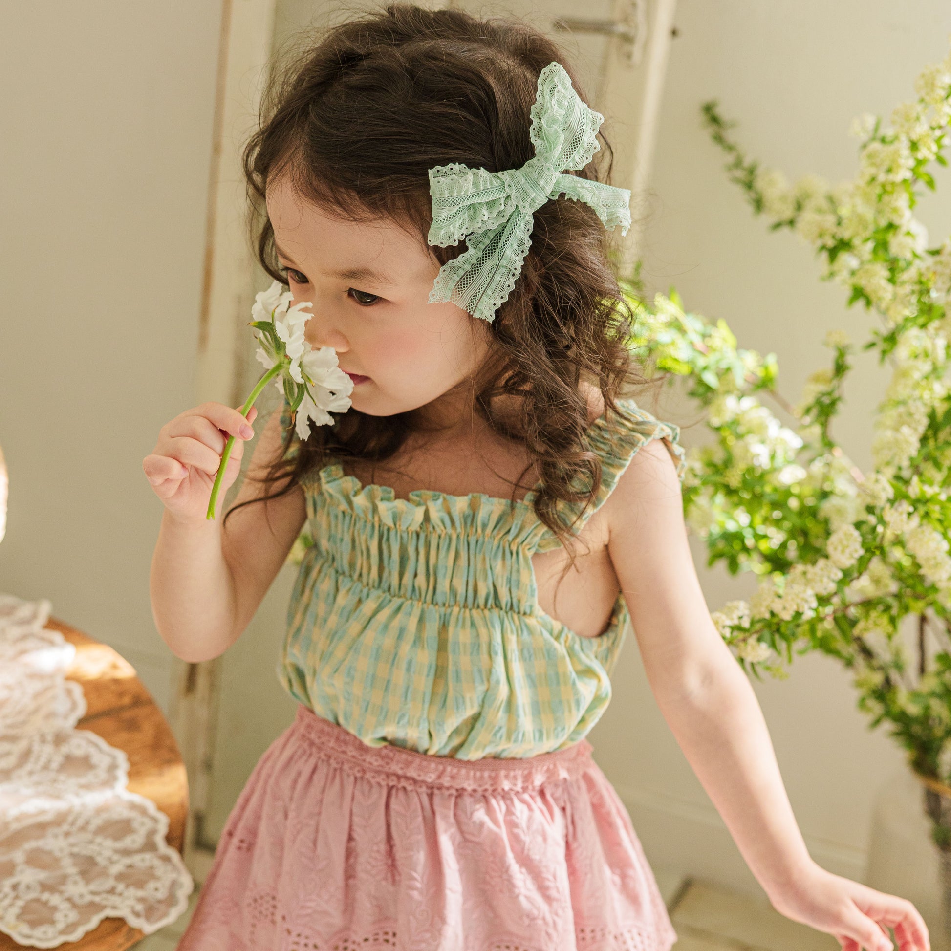 green gingham smocked dress English Factory