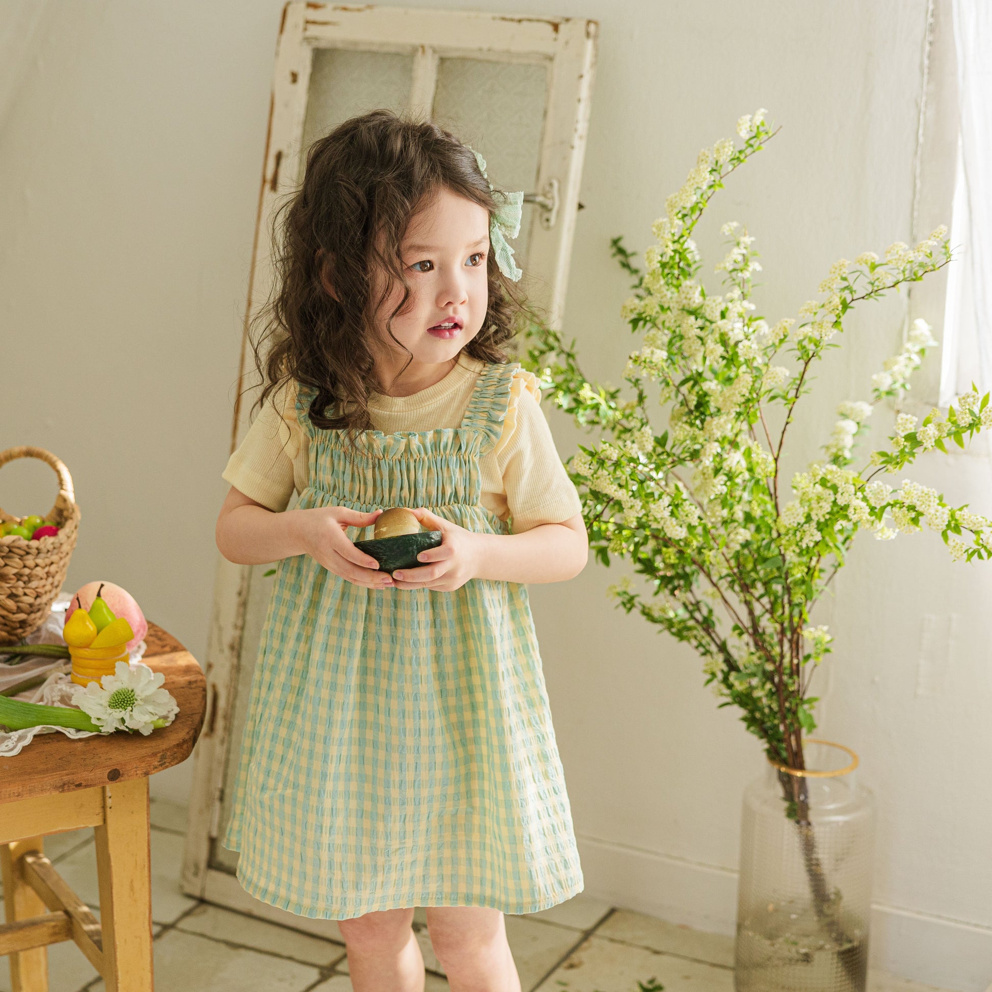 GINGHAM SMOCKED DRESS GREEN damsii GINGHAM SMOCKED DRESS GREEN damsii