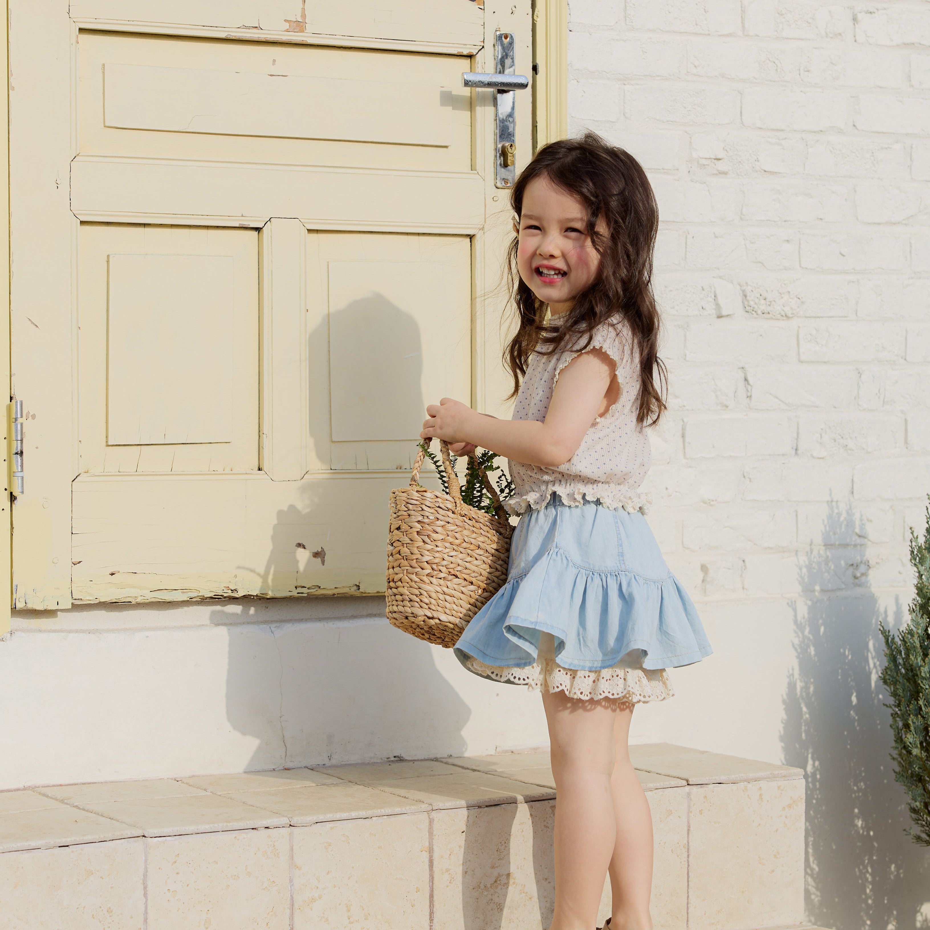 ★GLOWNY★AMELIA TIERED RUFFLE SKIRT (DENIM)★正規品/送料込 GLOWNY Amelia Tiered Ruffle Skirt - Cottage Blue | 하이츠스토어