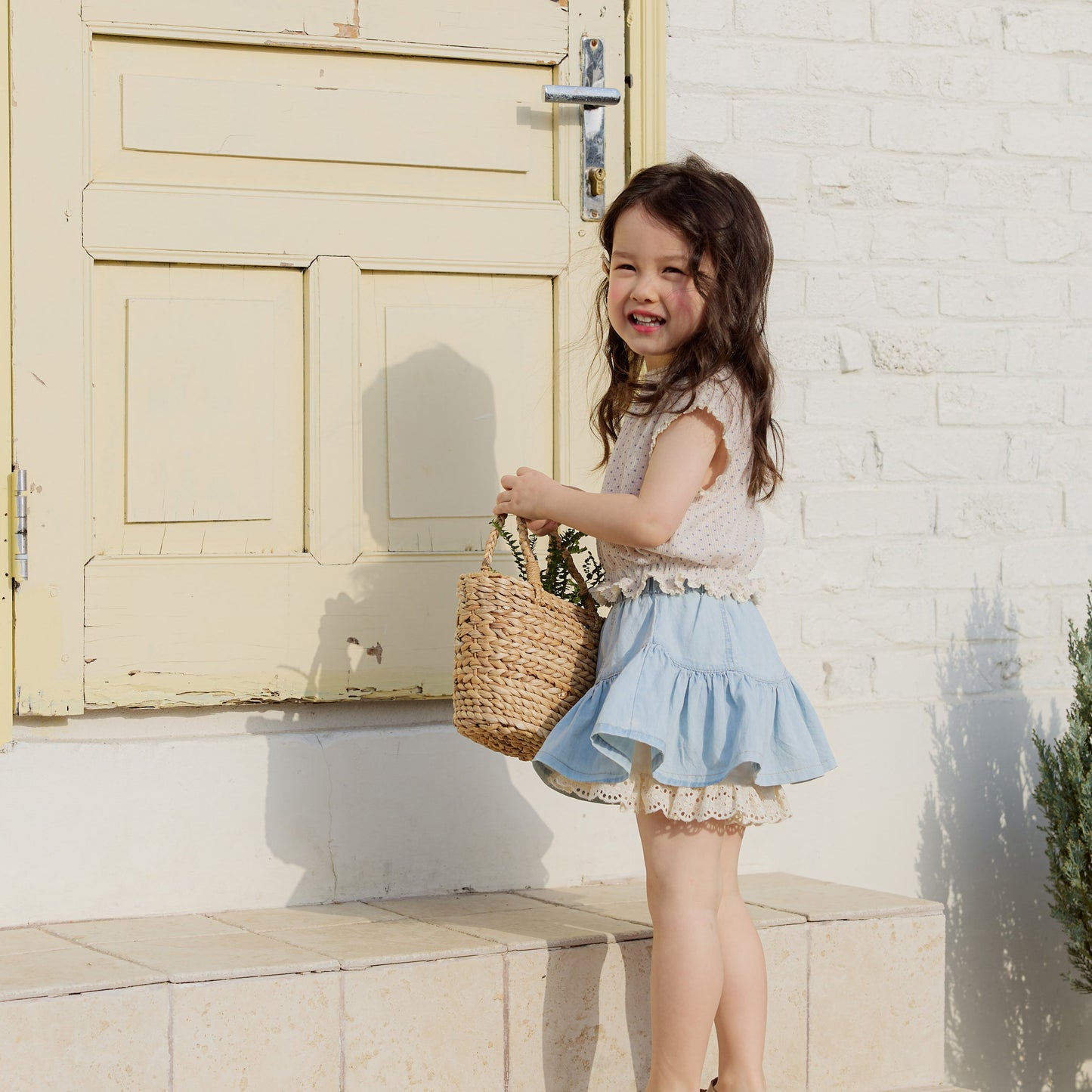 A-Line Tiered Denim Skirt with Lace Trim (2 Colours)
