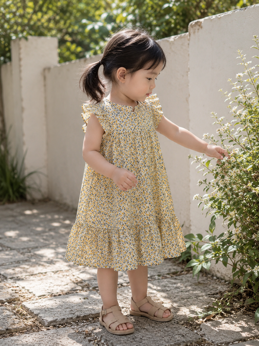 GIRLS SUMMER FLORAL SLEEVELESS YELLOW DRESS