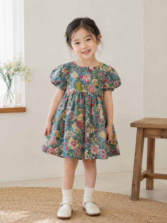 GIRLS SUMMER FLORAL SLEEVELESS GREEN DRESS