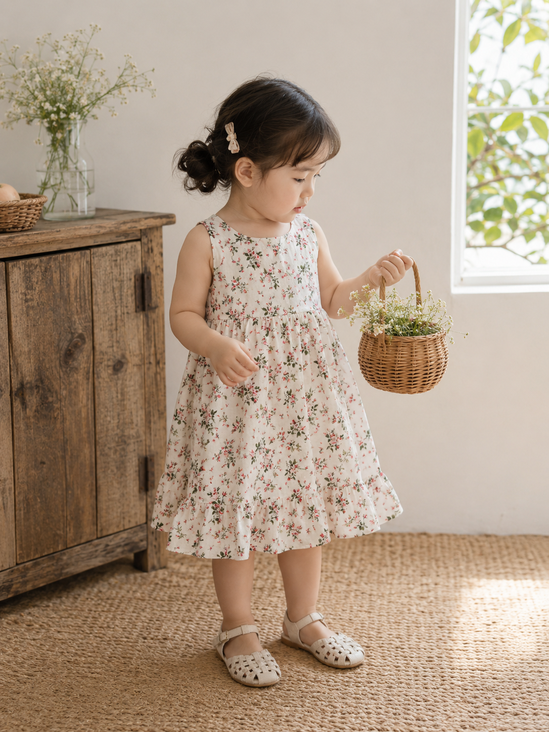 GIRLS SUMMER FLORAL SLEEVELESS WHITE DRESS