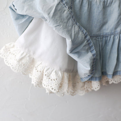 A-Line Tiered Denim Skirt with Lace Trim (2 Colours)