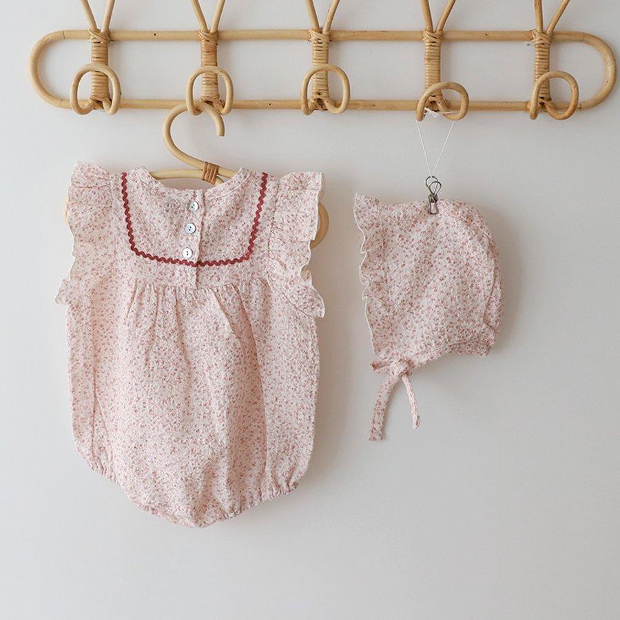BABY FLORAL SHORT SLEEVE ROMPER WITH HAT