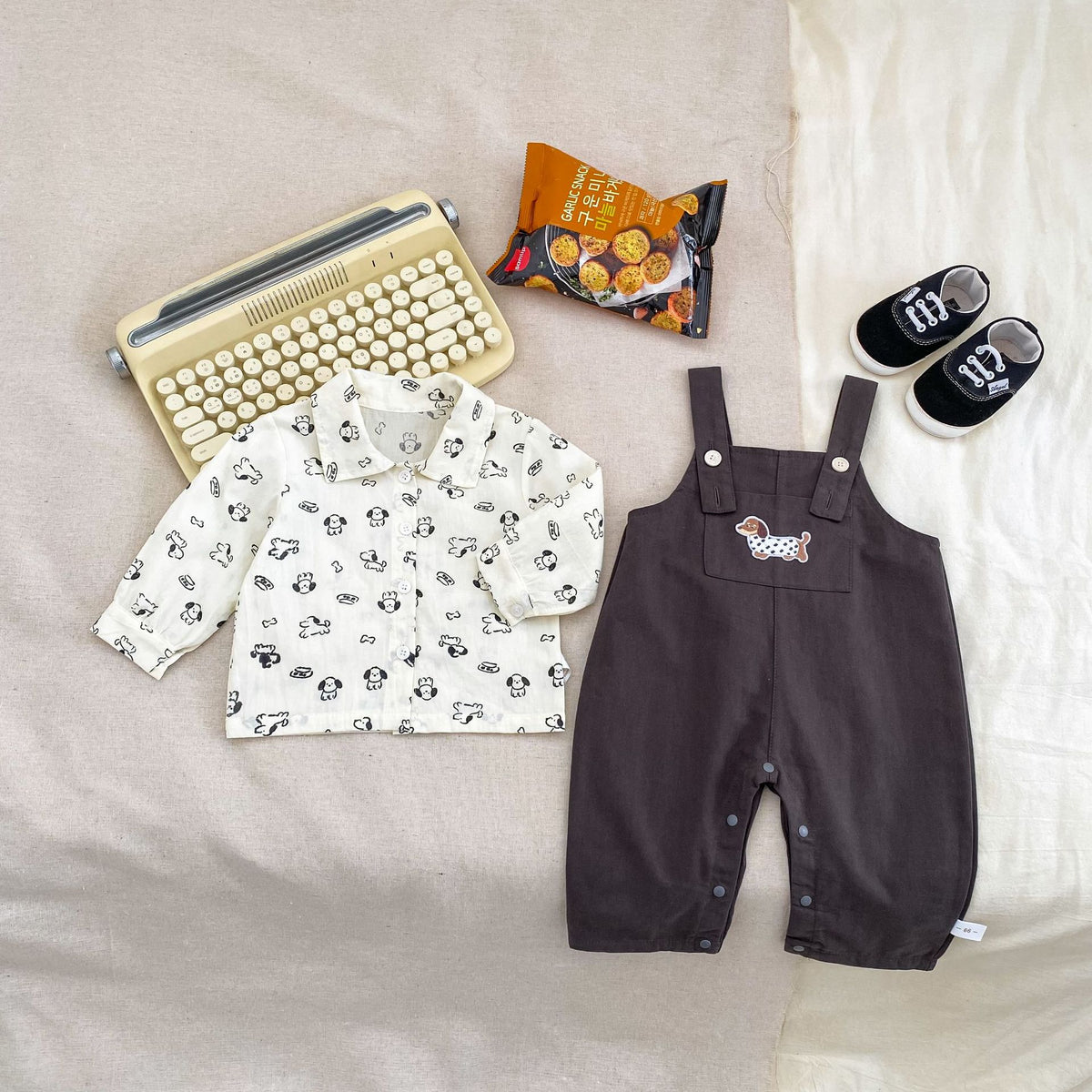 Cartoon Dog Overall Shirt Set