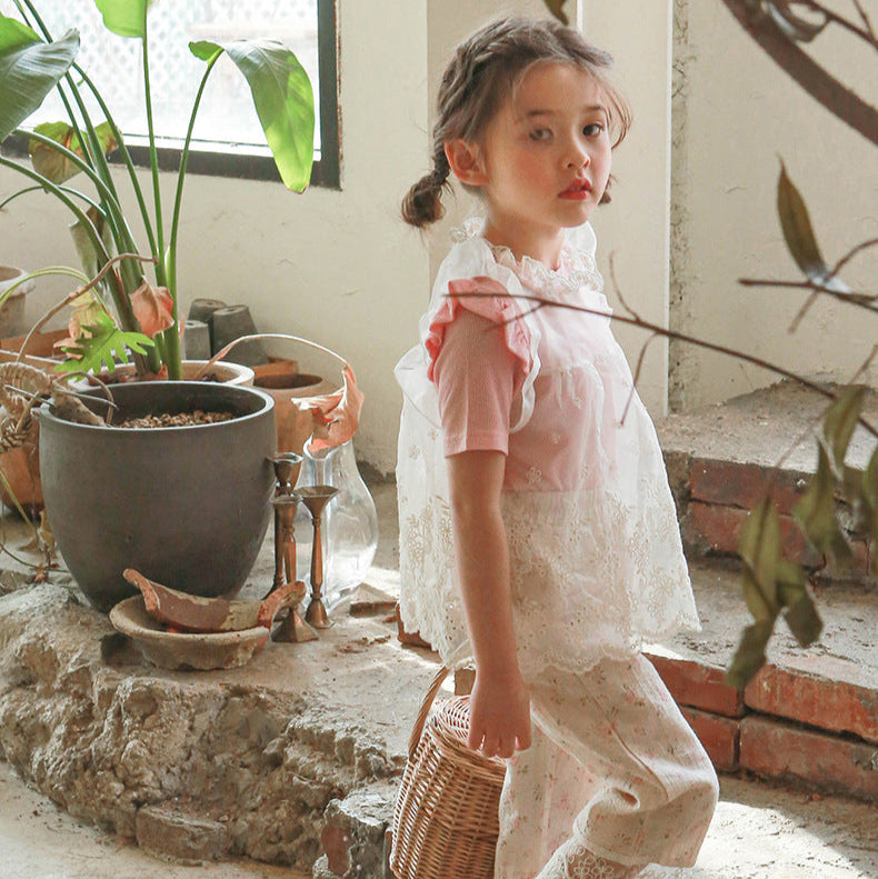 Fringe Cotton Short Sleeve T-shirt- PINK