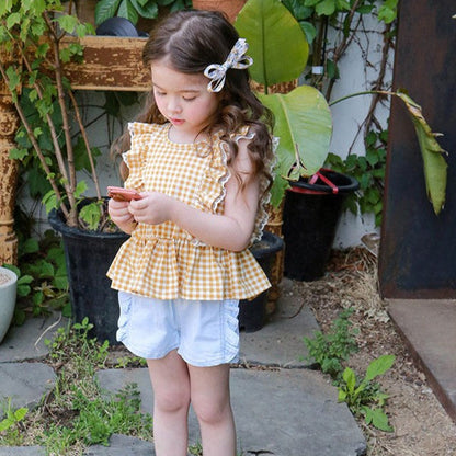 Gingham Ruffle Vest Blouse - yellow