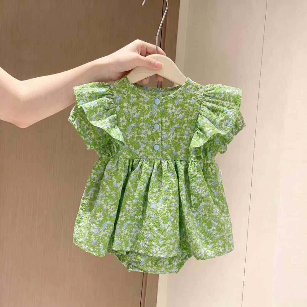 BABY SUMMER GREEN RUFFLED FLORAL ROMPER