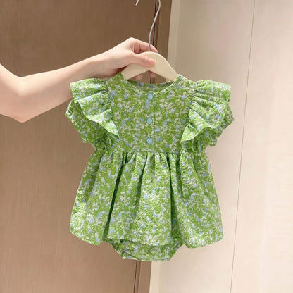 BABY SUMMER GREEN RUFFLED FLORAL ROMPER