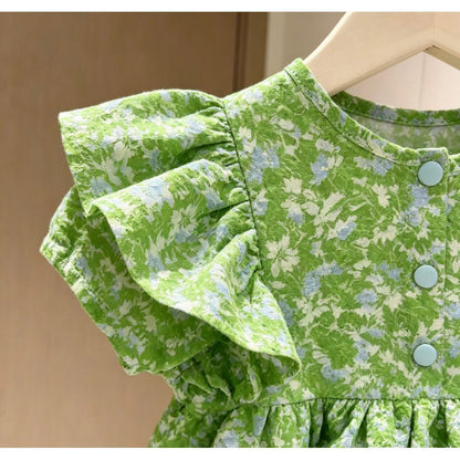 BABY SUMMER GREEN RUFFLED FLORAL ROMPER