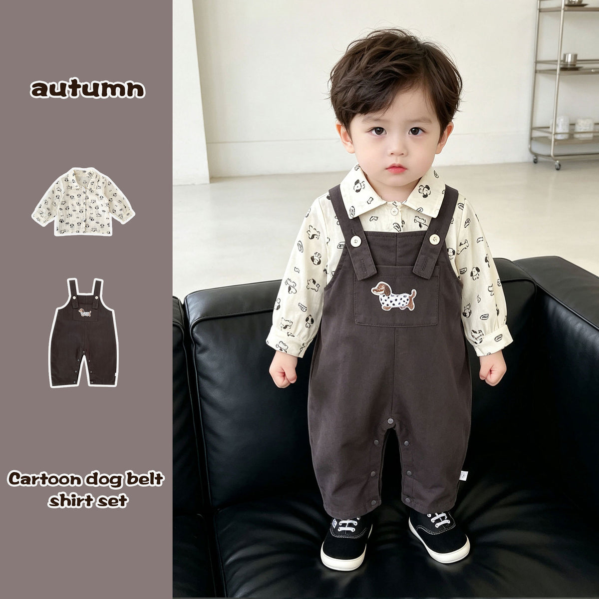 Cartoon Dog Overall Shirt Set