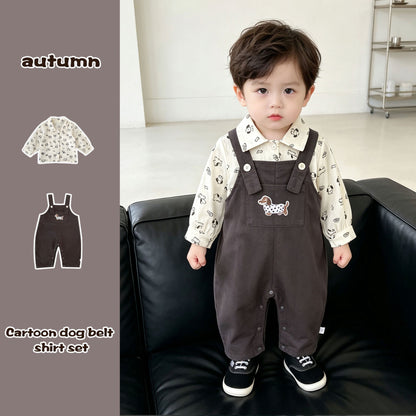 Cartoon Dog Overall Shirt Set
