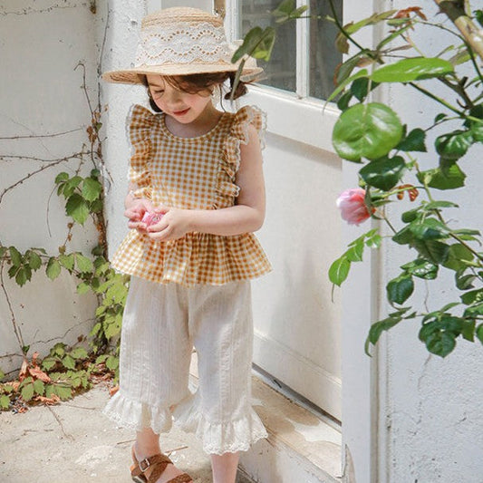 Gingham Ruffle Vest Blouse - yellow