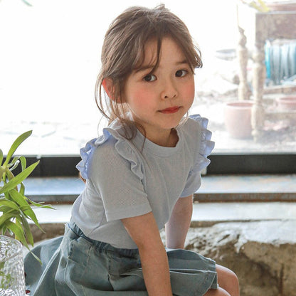 Fringe Cotton Short Sleeve T-shirt- BLUE