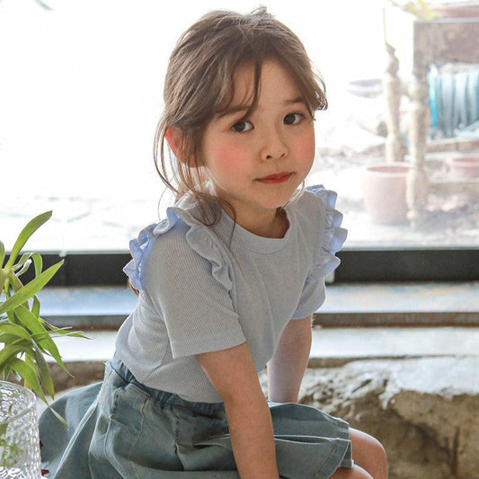 Fringe Cotton Short Sleeve T-shirt- BLUE
