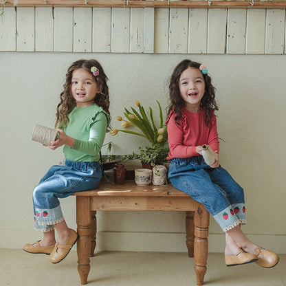 [SWEET SALE] Strawberry Embroidered Cuff Jeans
