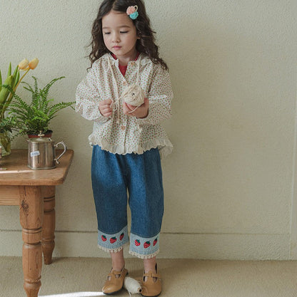 [SWEET SALE] Strawberry Embroidered Cuff Jeans