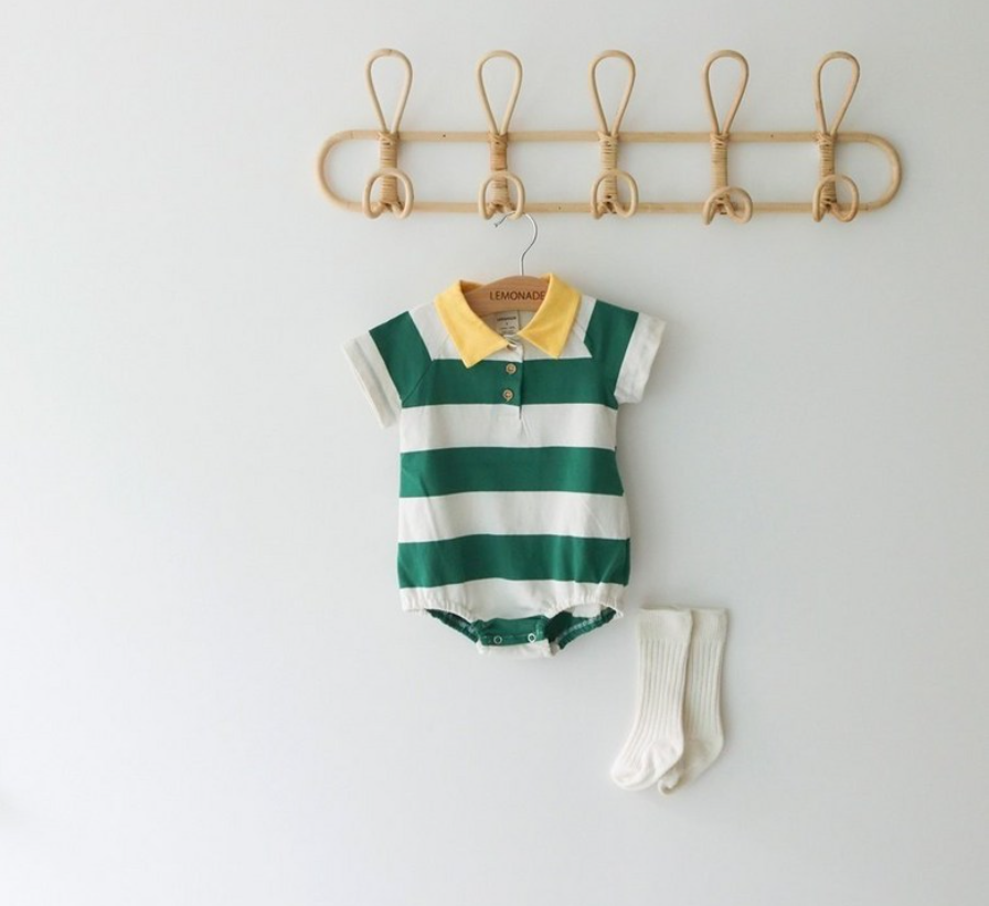 BABY GREEN STRIPE SHORT SLEEVE ROMPER