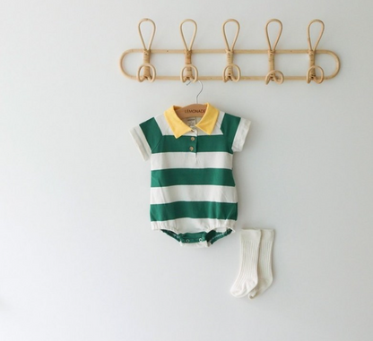 BABY GREEN STRIPE SHORT SLEEVE ROMPER