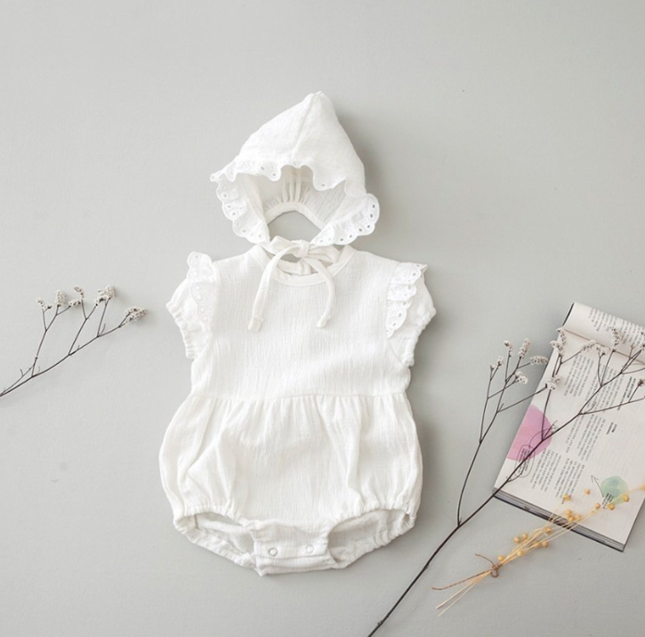 BABY LACE SHORT SLEEVE ROMPER WITH HAT