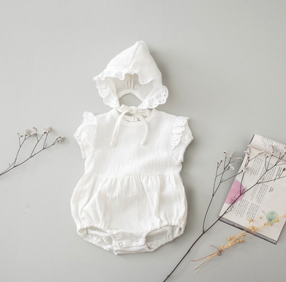 BABY LACE SHORT SLEEVE ROMPER WITH HAT